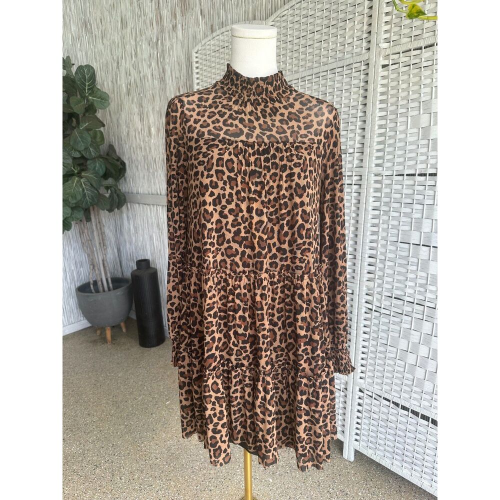 Ember Women's S Small Sheer Mock-Neck Leopard Print Long-Sleeve Tiered Mini Dres